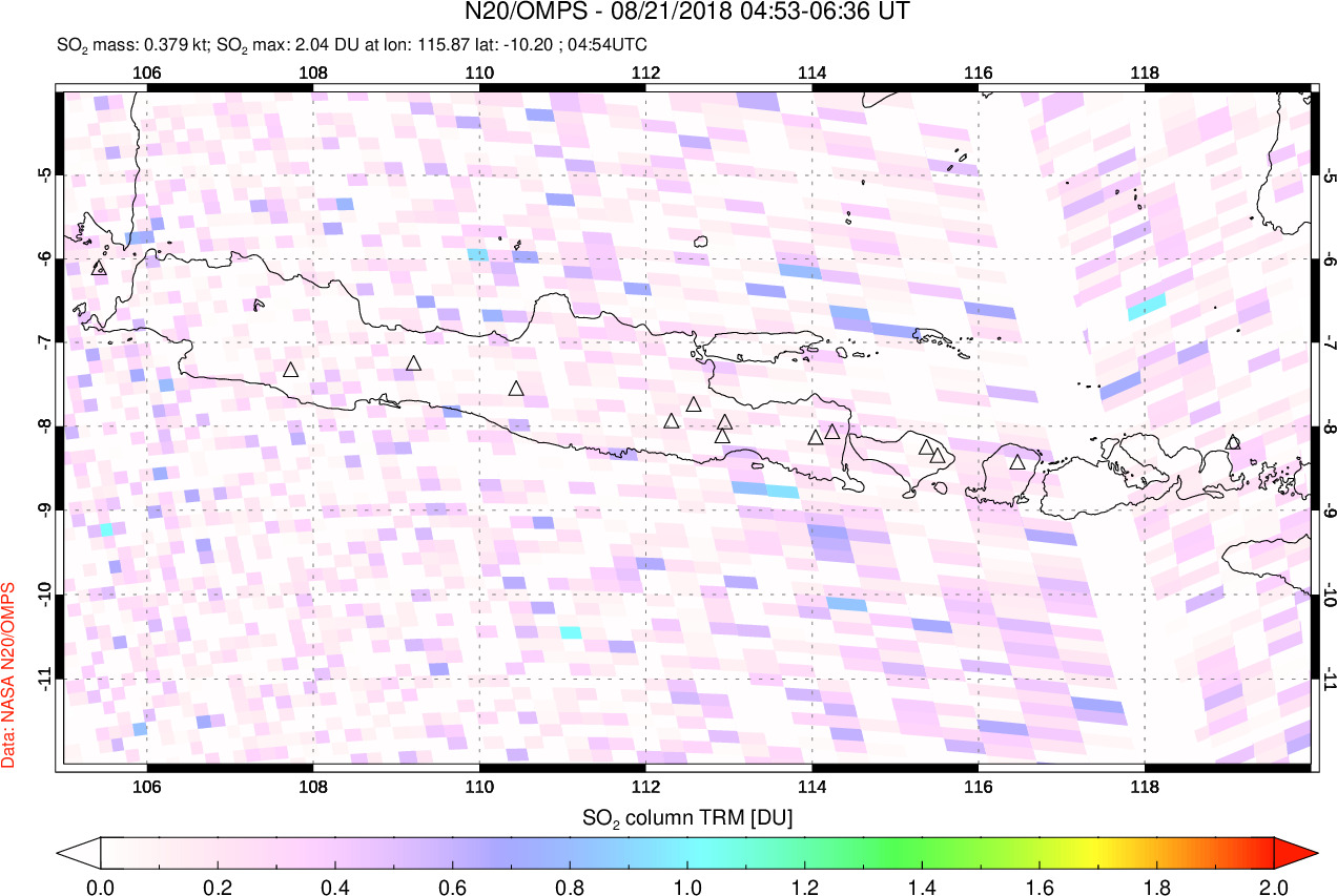 A sulfur dioxide image over Java, Indonesia on Aug 21, 2018.