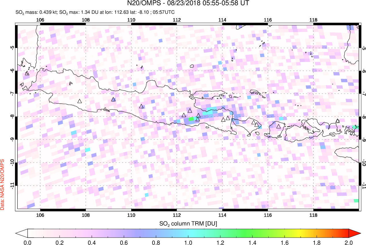 A sulfur dioxide image over Java, Indonesia on Aug 23, 2018.