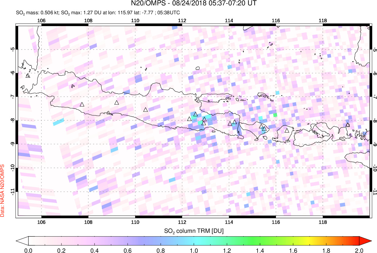 A sulfur dioxide image over Java, Indonesia on Aug 24, 2018.