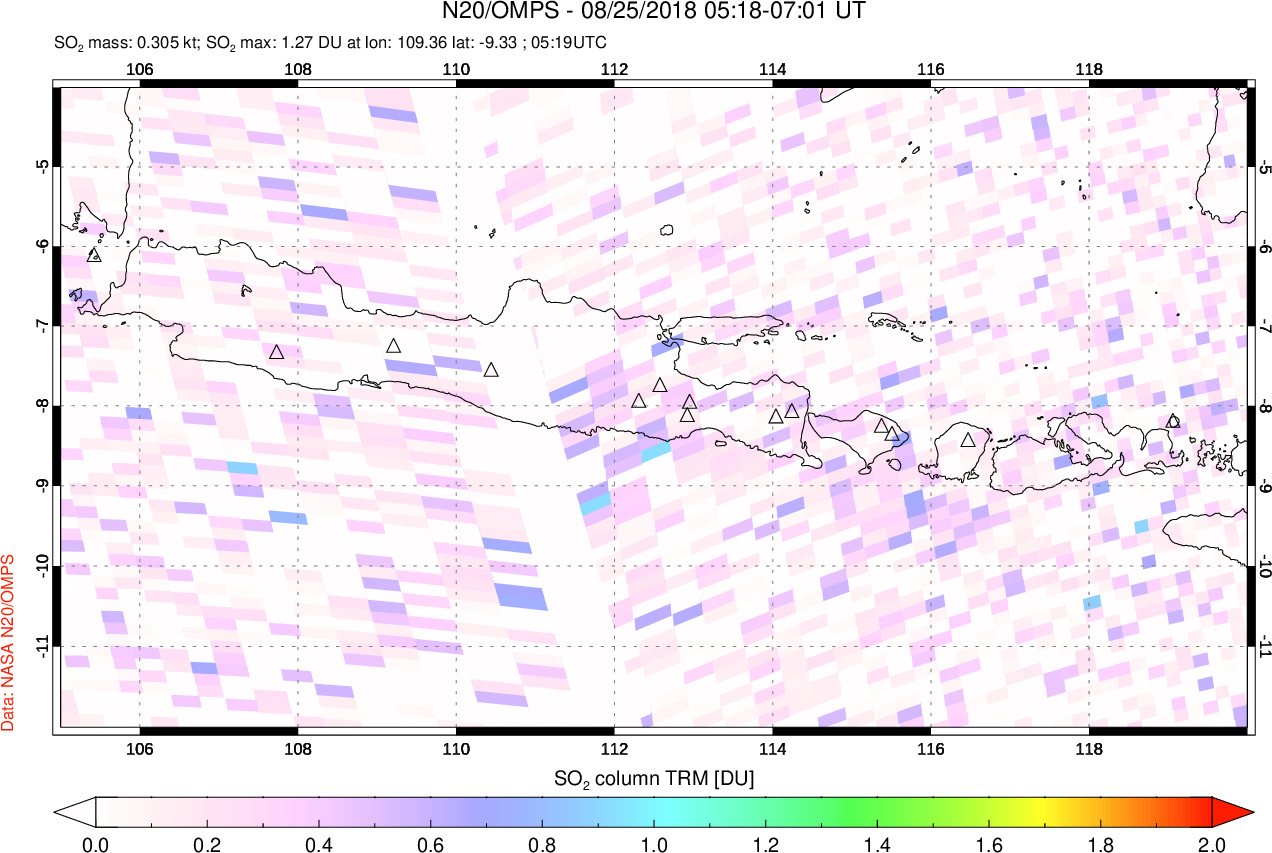 A sulfur dioxide image over Java, Indonesia on Aug 25, 2018.