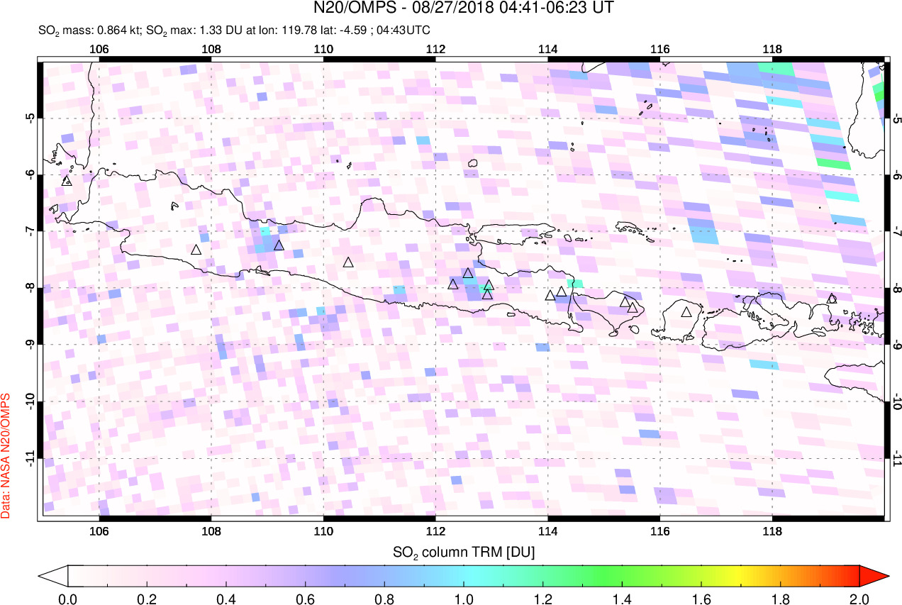 A sulfur dioxide image over Java, Indonesia on Aug 27, 2018.