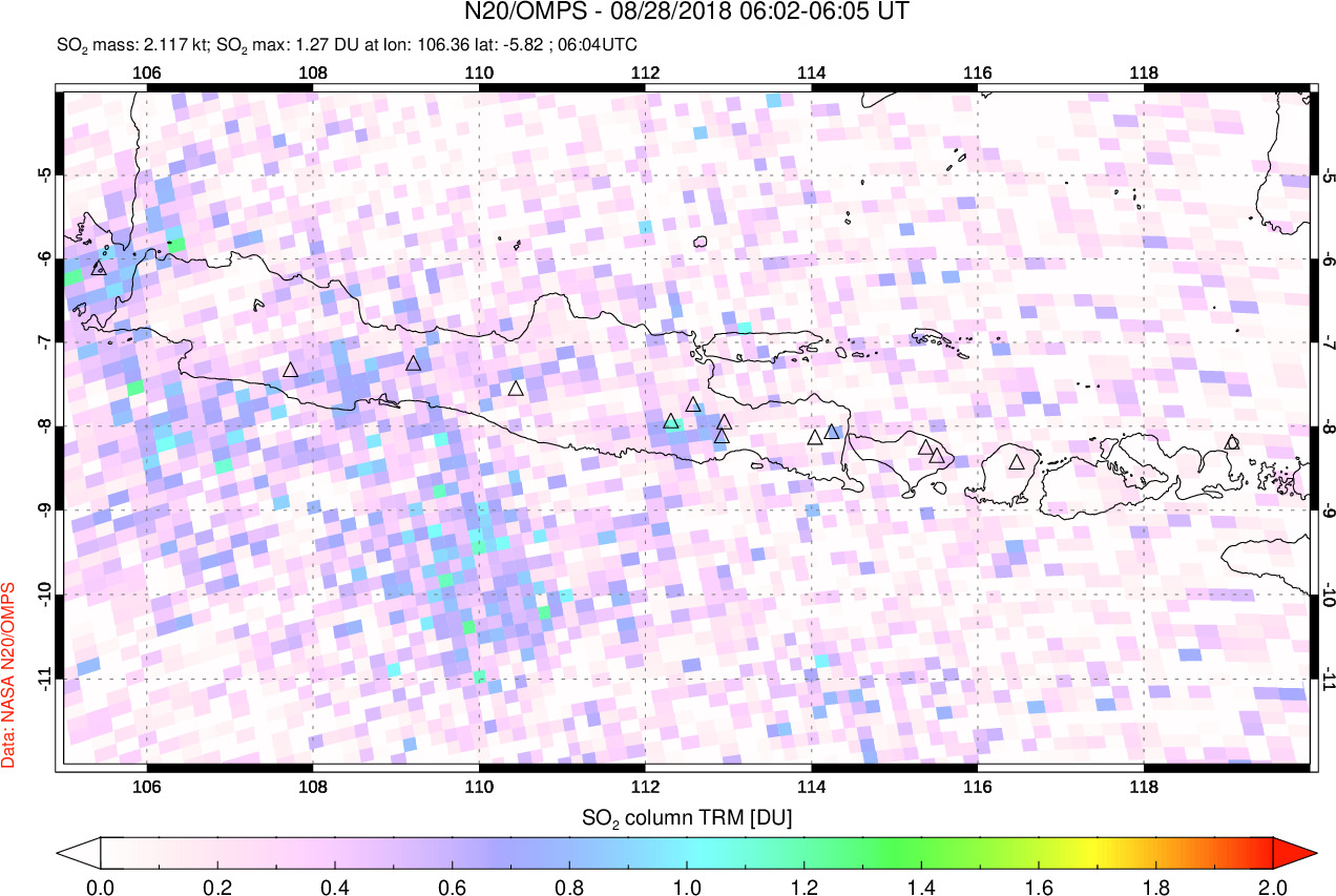 A sulfur dioxide image over Java, Indonesia on Aug 28, 2018.