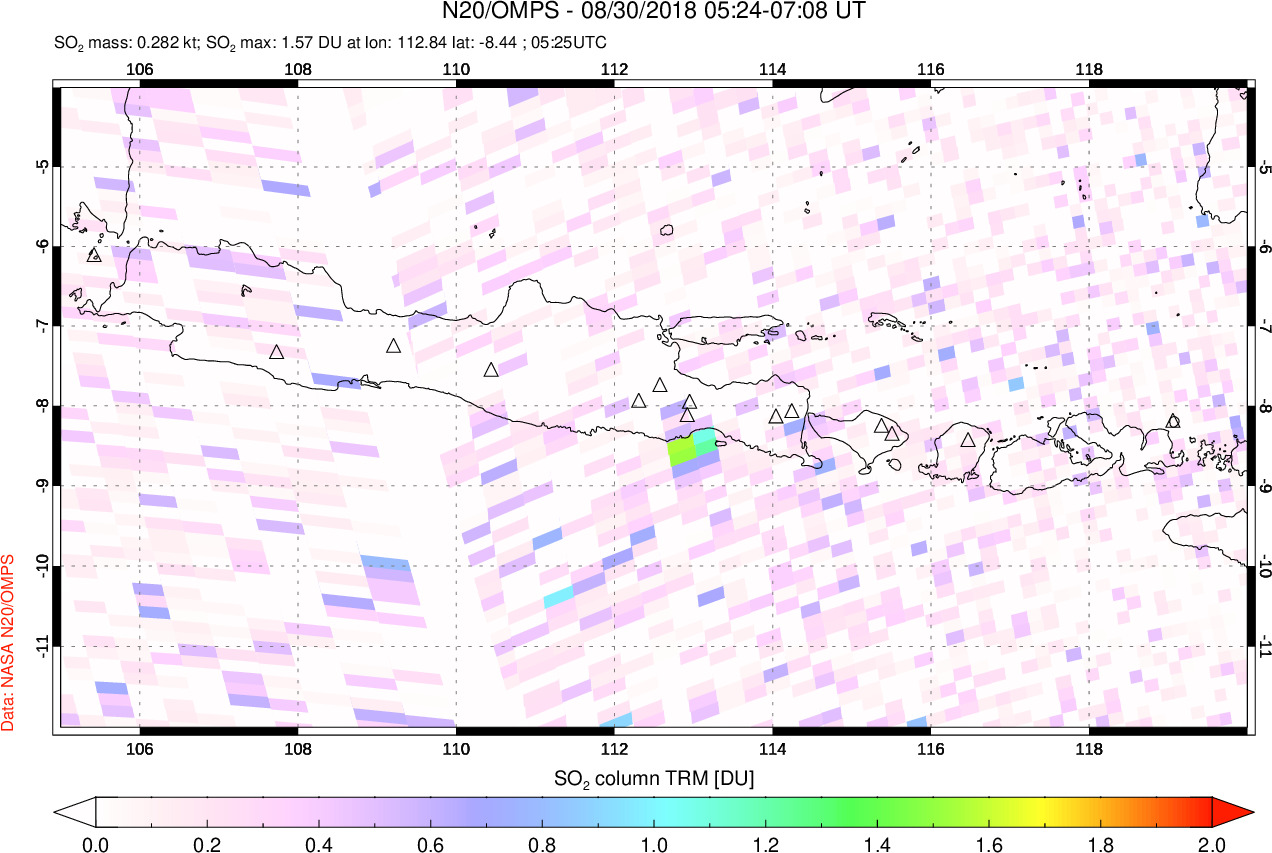 A sulfur dioxide image over Java, Indonesia on Aug 30, 2018.