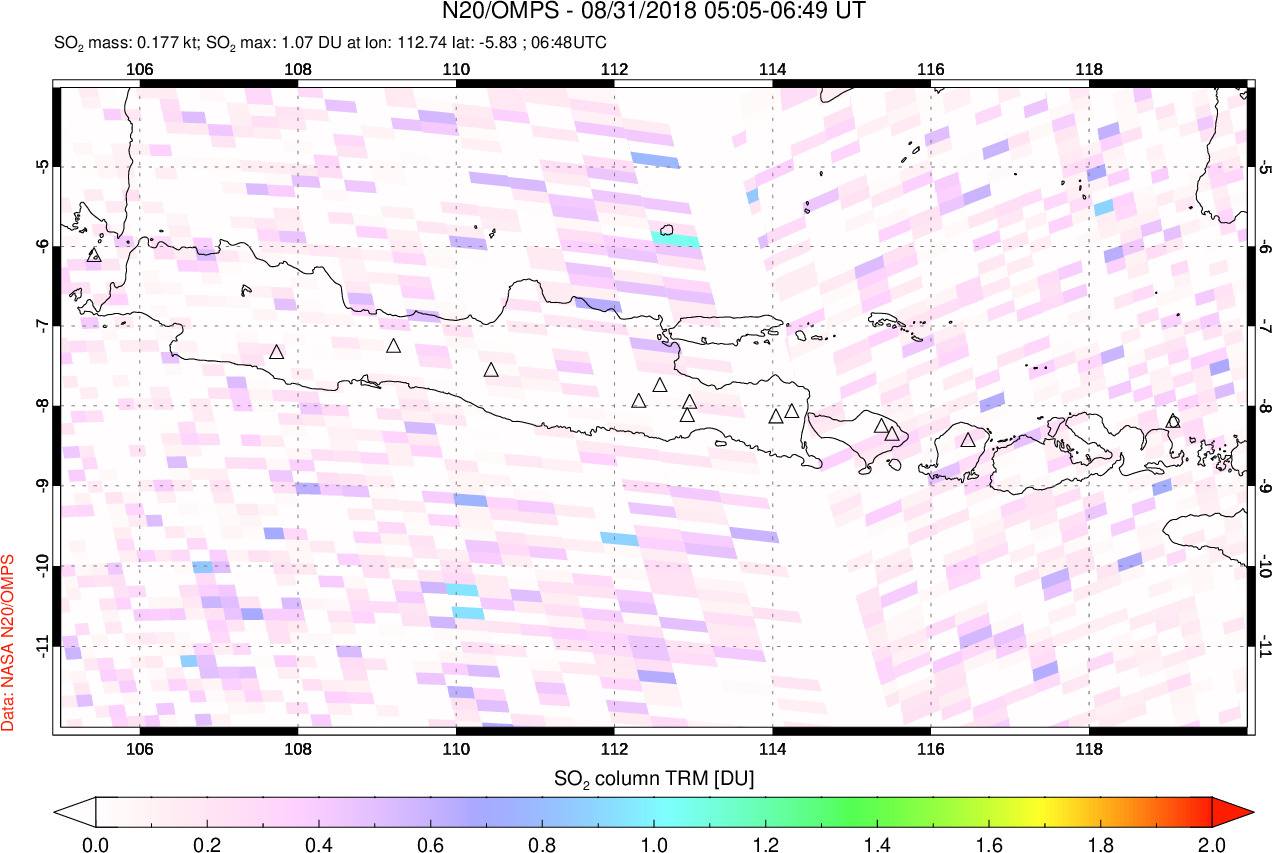 A sulfur dioxide image over Java, Indonesia on Aug 31, 2018.
