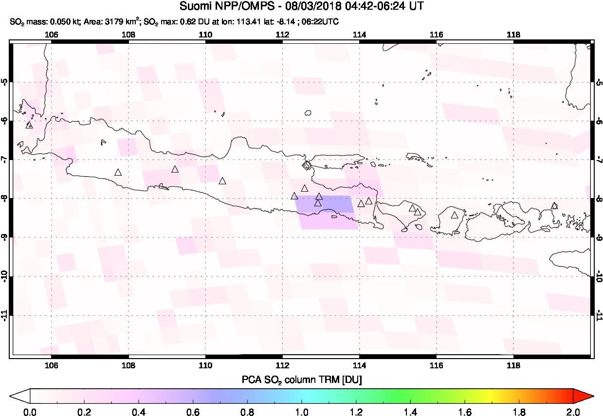 A sulfur dioxide image over Java, Indonesia on Aug 03, 2018.