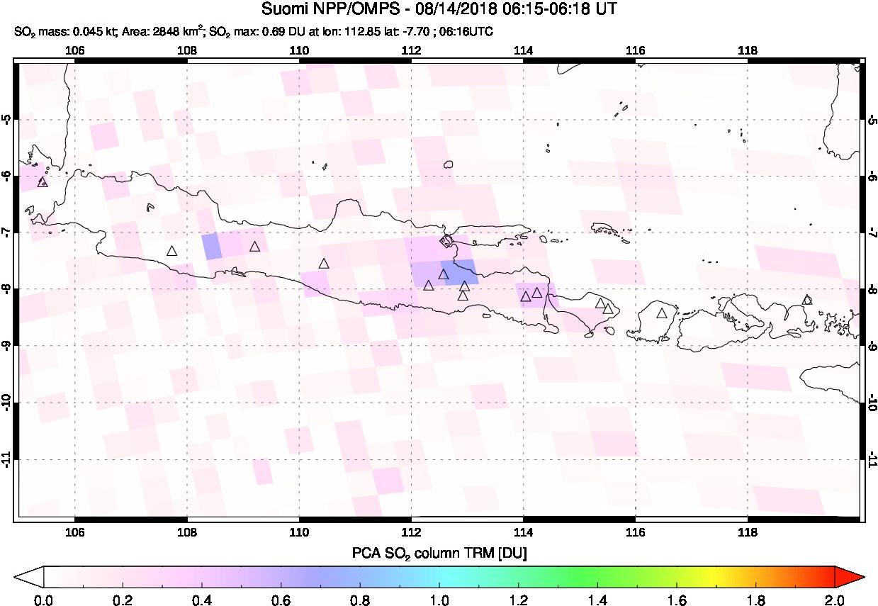A sulfur dioxide image over Java, Indonesia on Aug 14, 2018.