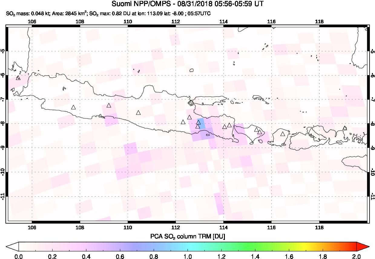 A sulfur dioxide image over Java, Indonesia on Aug 31, 2018.