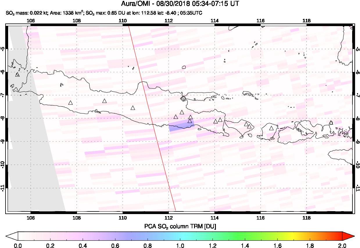 A sulfur dioxide image over Java, Indonesia on Aug 30, 2018.