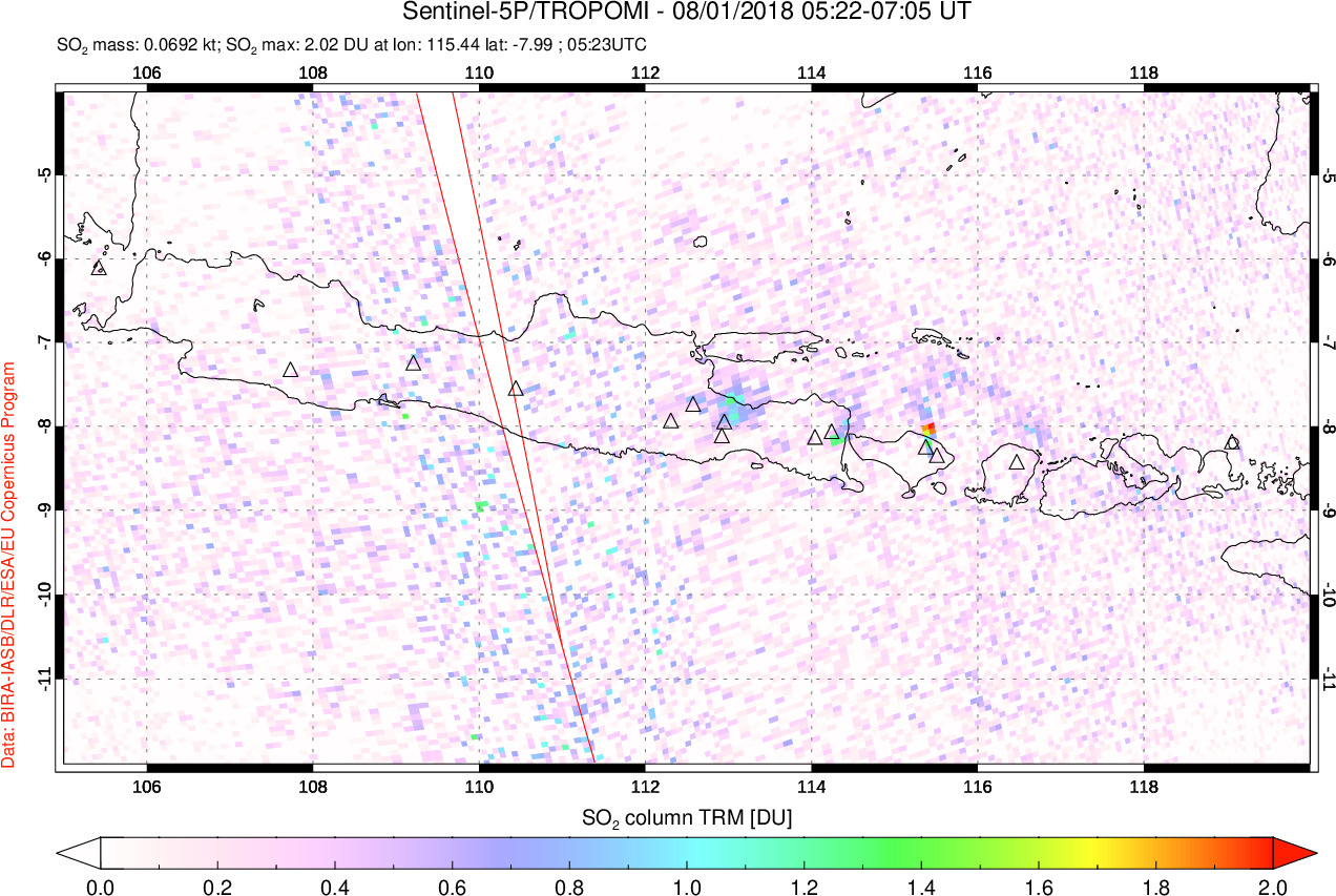 A sulfur dioxide image over Java, Indonesia on Aug 01, 2018.