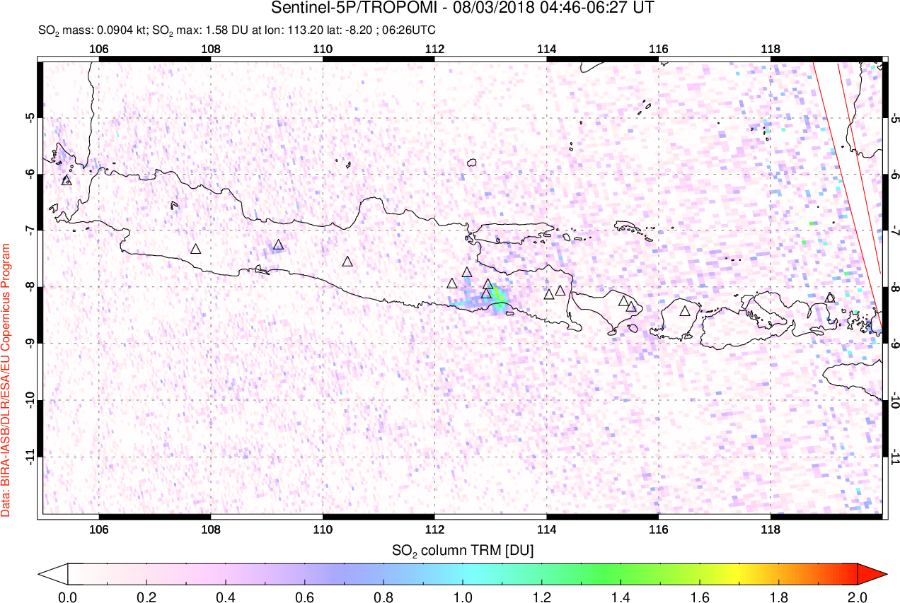 A sulfur dioxide image over Java, Indonesia on Aug 03, 2018.