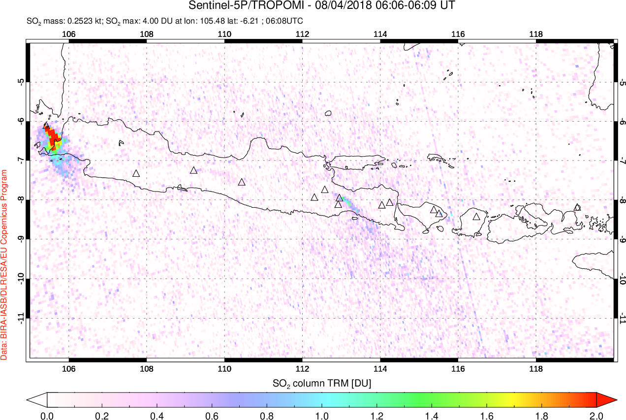 A sulfur dioxide image over Java, Indonesia on Aug 04, 2018.