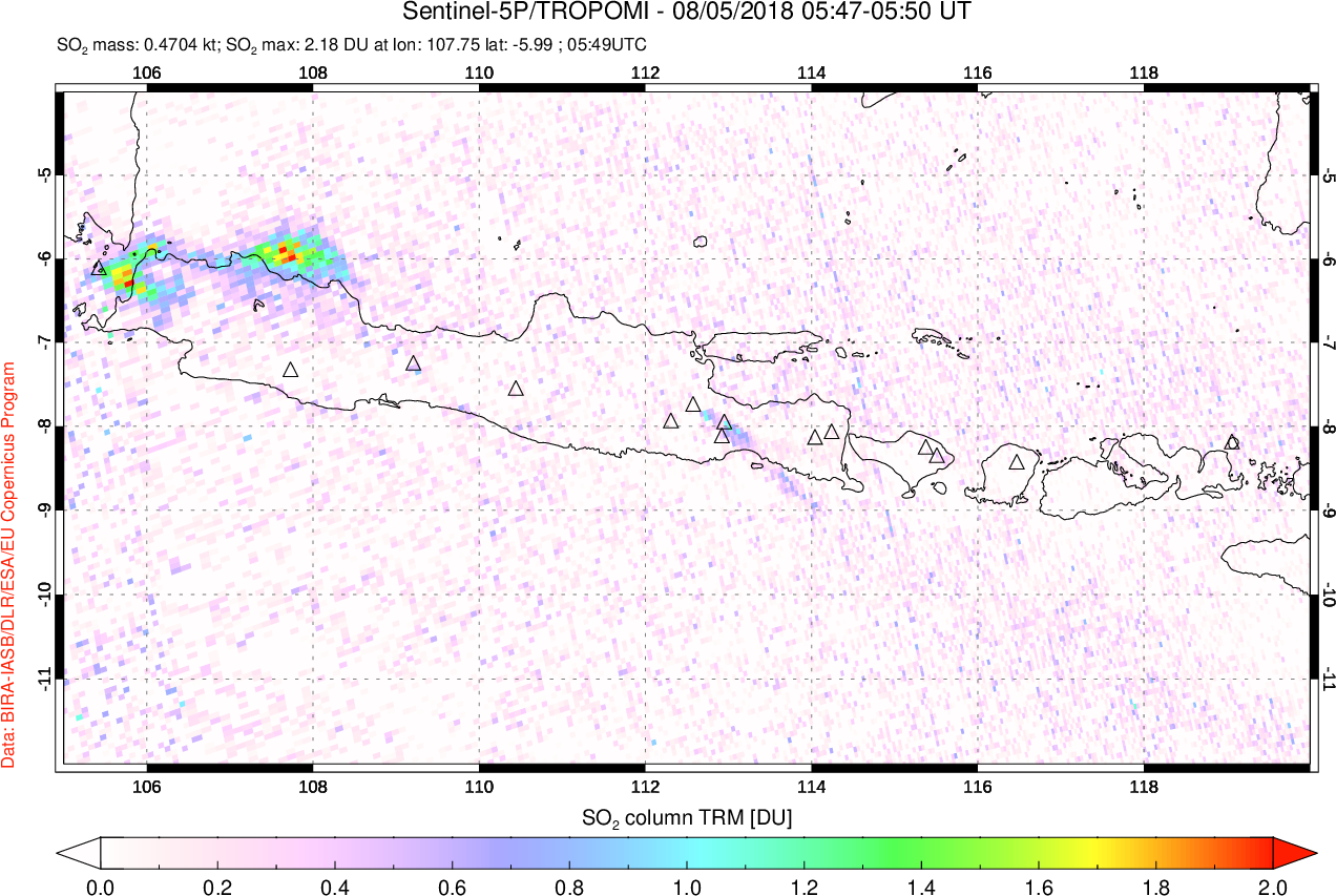 A sulfur dioxide image over Java, Indonesia on Aug 05, 2018.