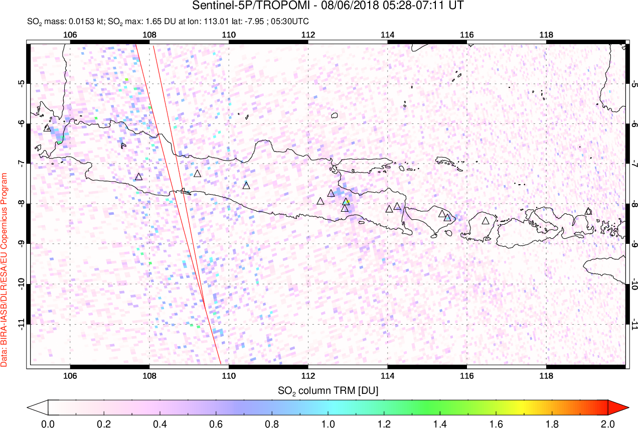 A sulfur dioxide image over Java, Indonesia on Aug 06, 2018.