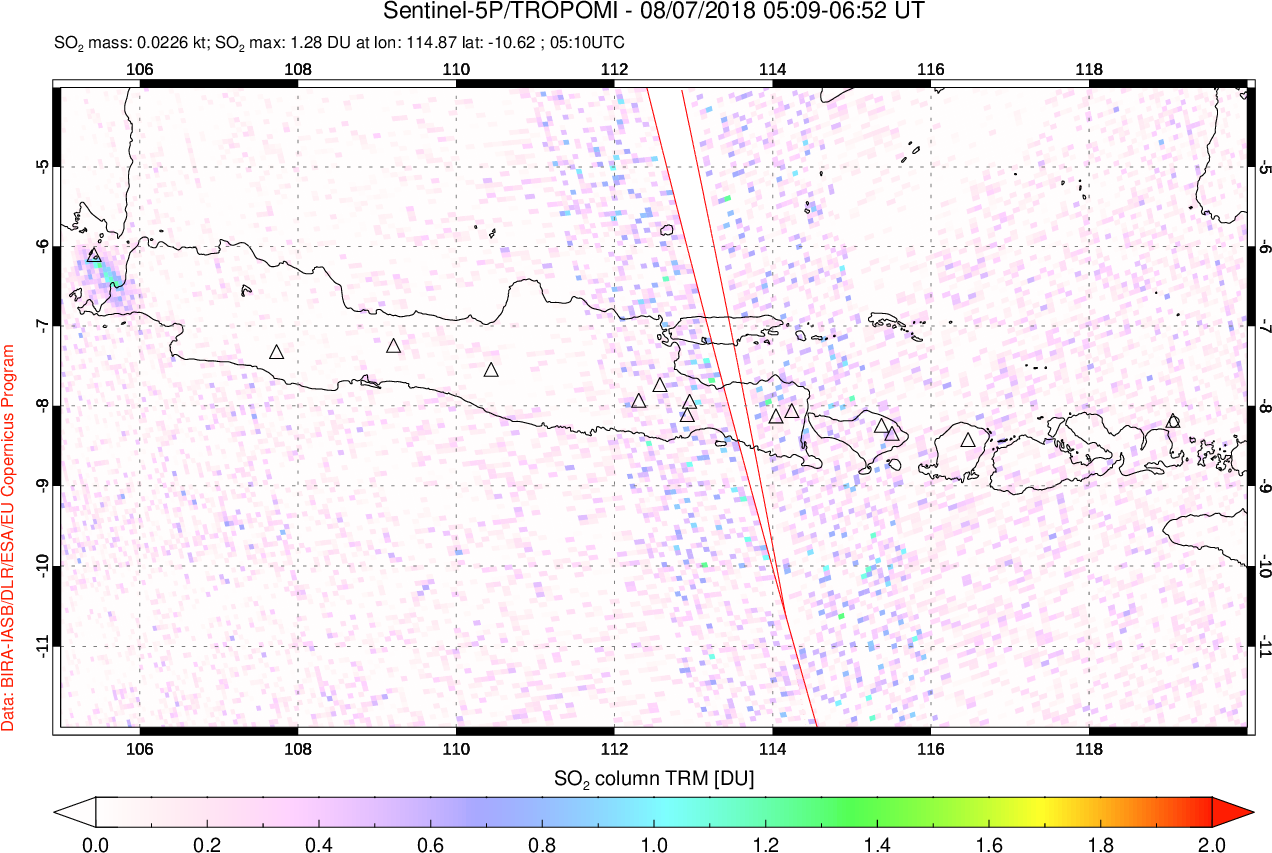 A sulfur dioxide image over Java, Indonesia on Aug 07, 2018.