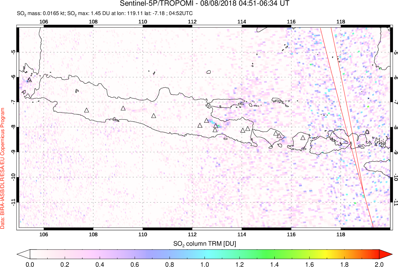 A sulfur dioxide image over Java, Indonesia on Aug 08, 2018.