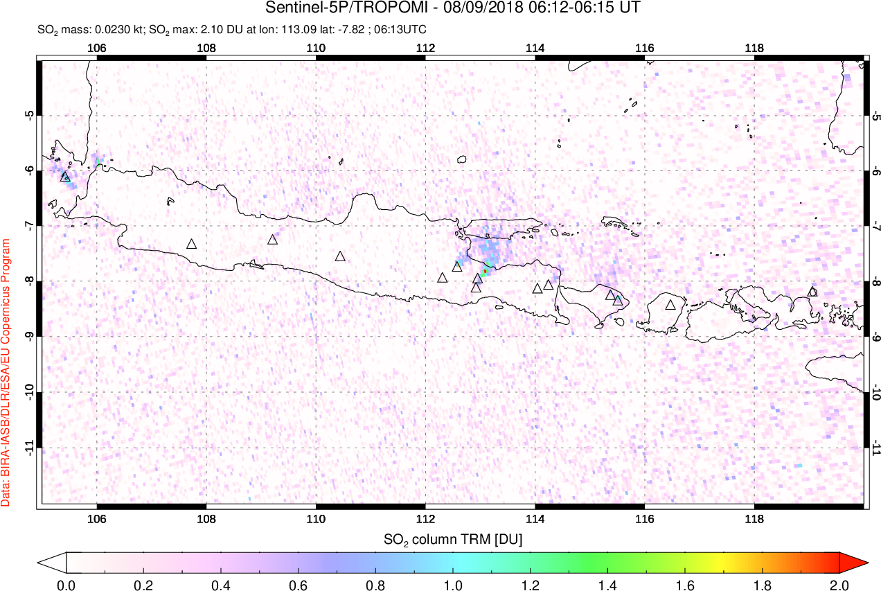 A sulfur dioxide image over Java, Indonesia on Aug 09, 2018.