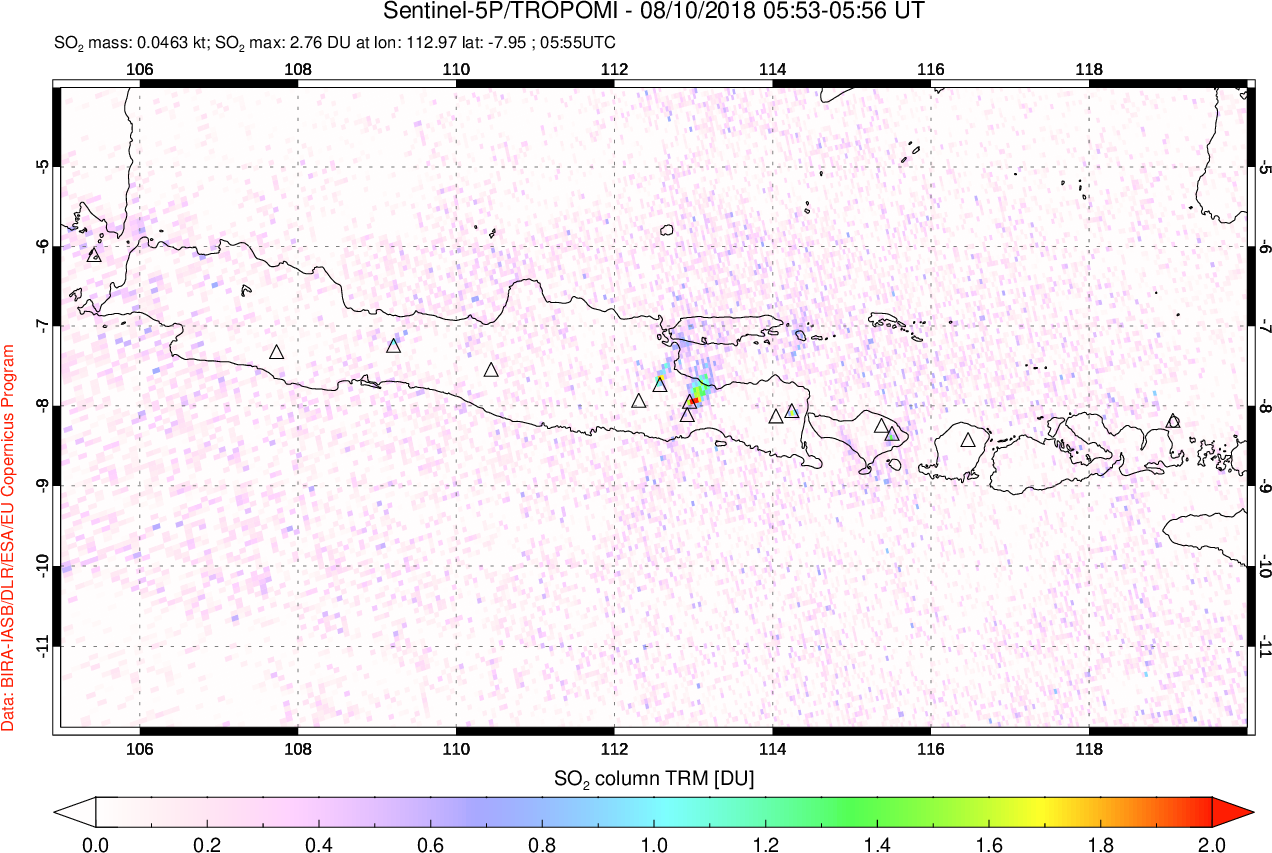 A sulfur dioxide image over Java, Indonesia on Aug 10, 2018.
