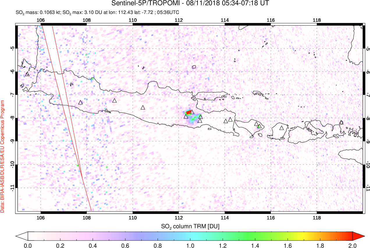 A sulfur dioxide image over Java, Indonesia on Aug 11, 2018.
