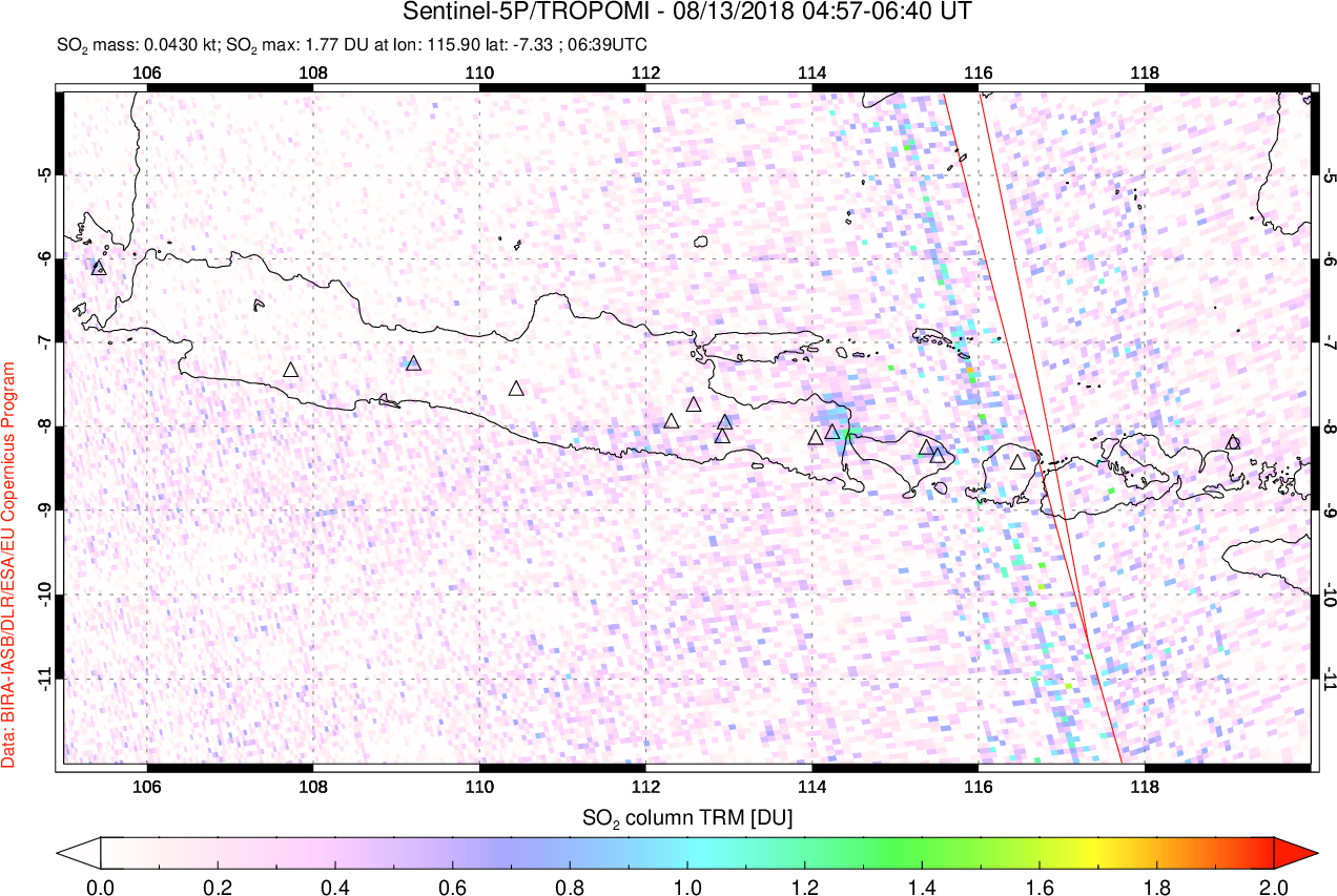 A sulfur dioxide image over Java, Indonesia on Aug 13, 2018.