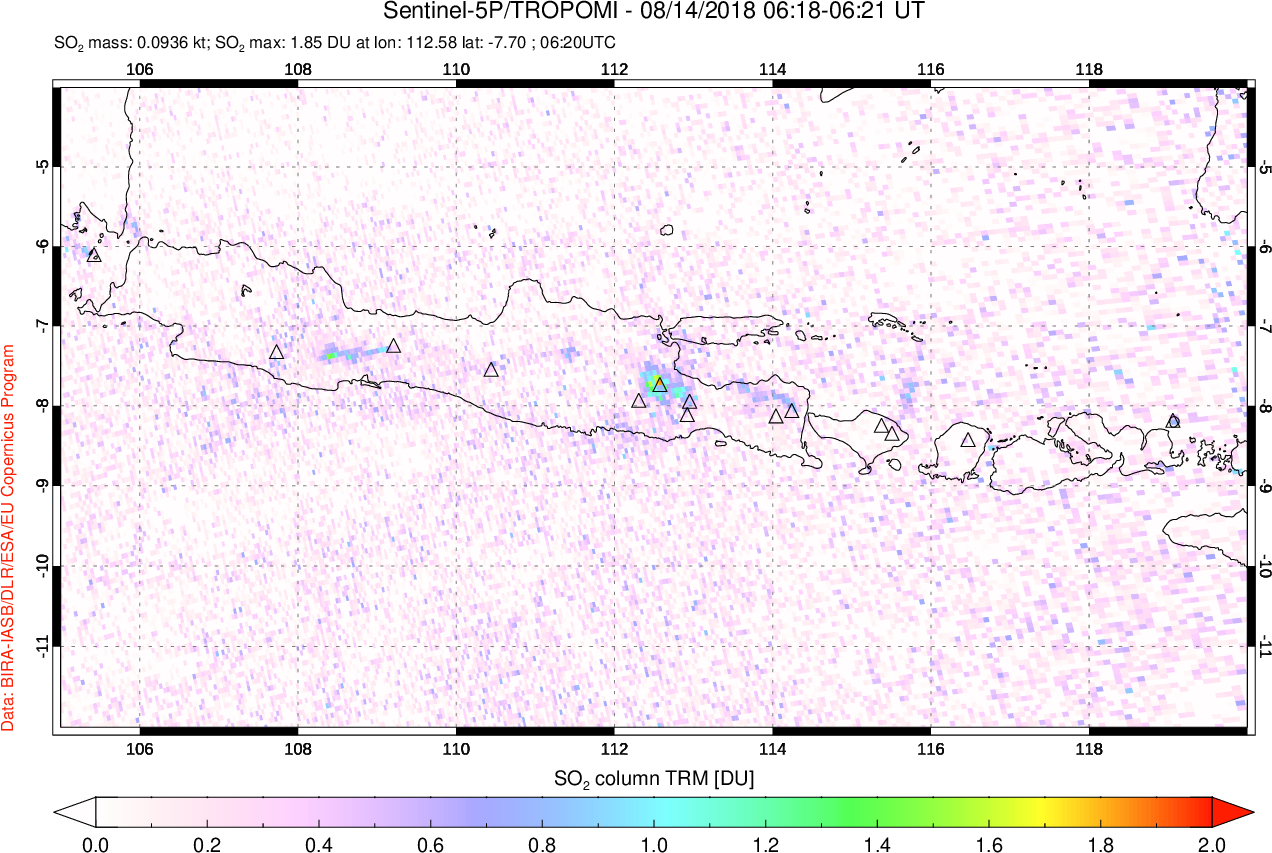 A sulfur dioxide image over Java, Indonesia on Aug 14, 2018.