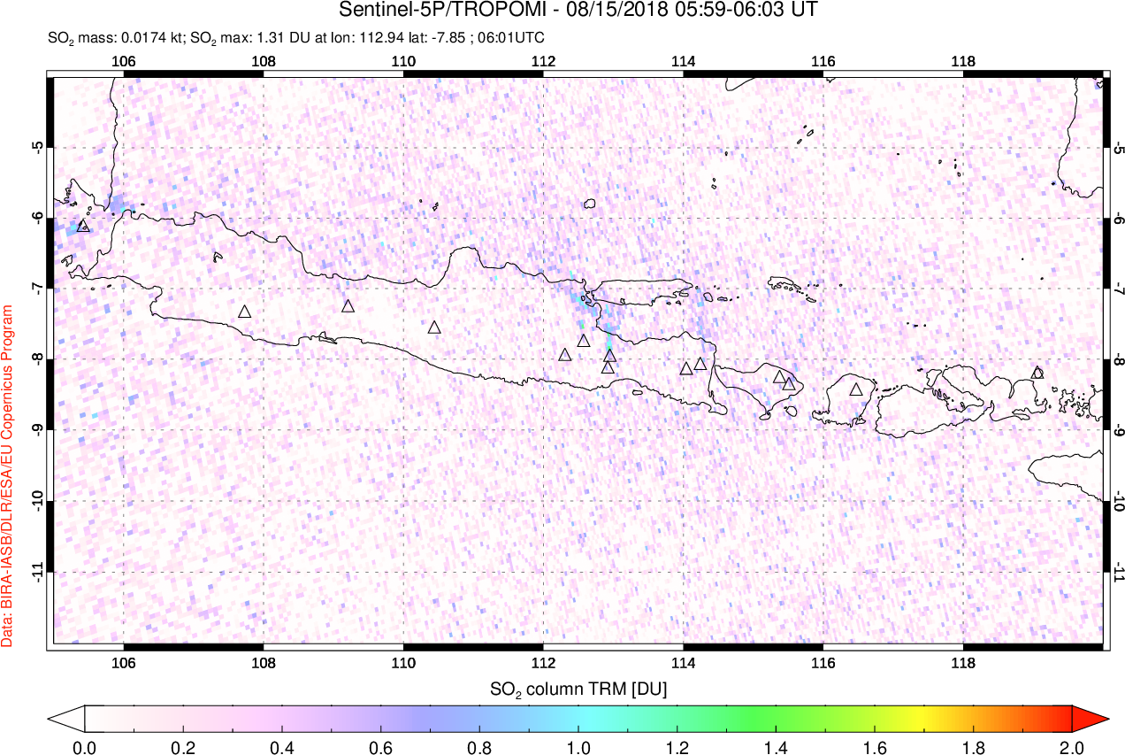 A sulfur dioxide image over Java, Indonesia on Aug 15, 2018.
