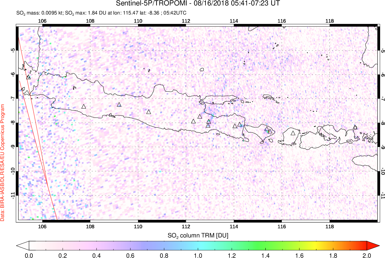 A sulfur dioxide image over Java, Indonesia on Aug 16, 2018.