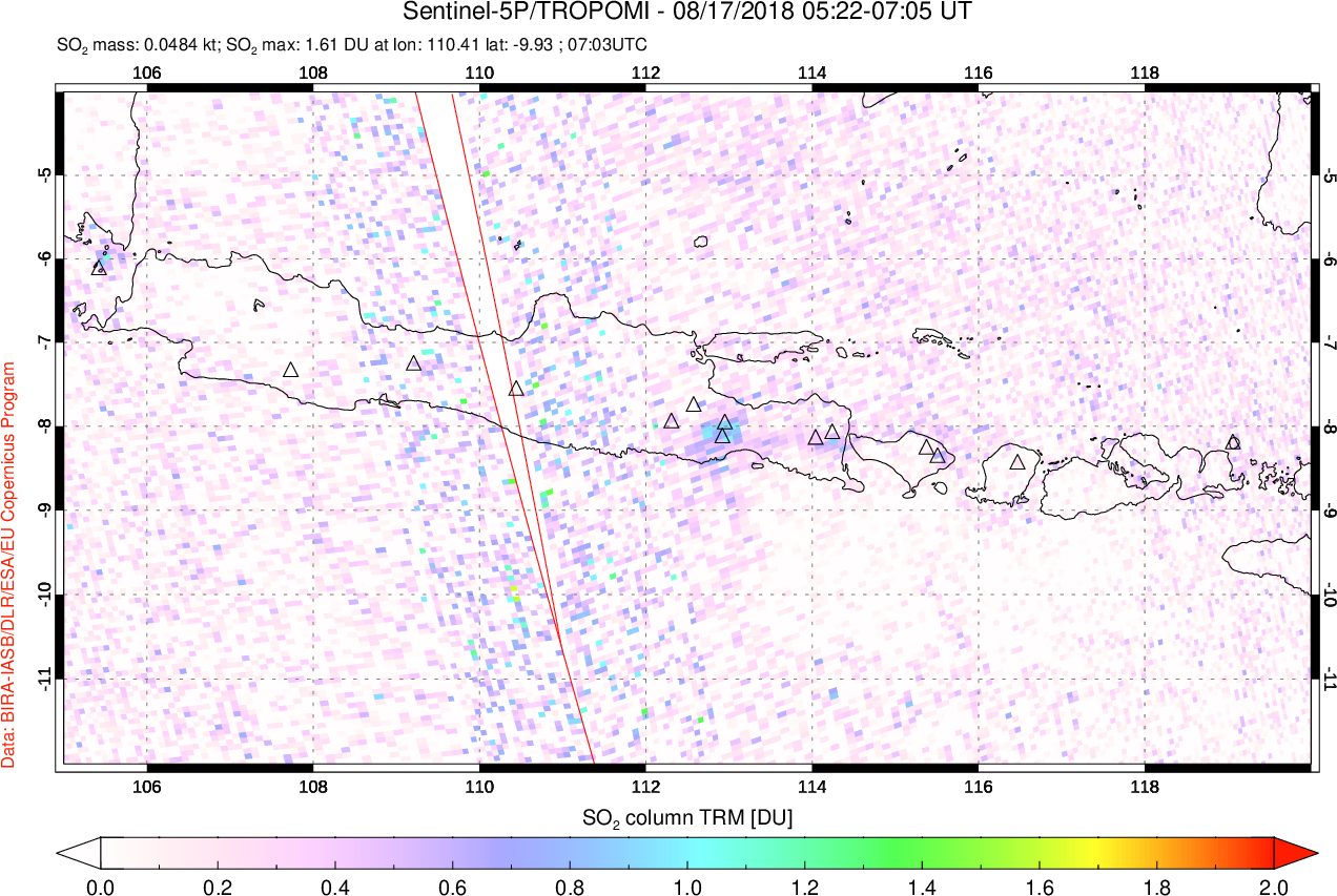 A sulfur dioxide image over Java, Indonesia on Aug 17, 2018.