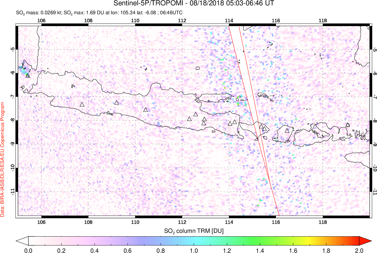 A sulfur dioxide image over Java, Indonesia on Aug 18, 2018.