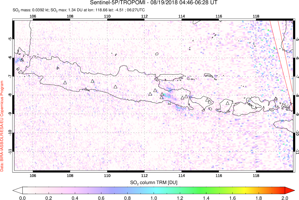A sulfur dioxide image over Java, Indonesia on Aug 19, 2018.