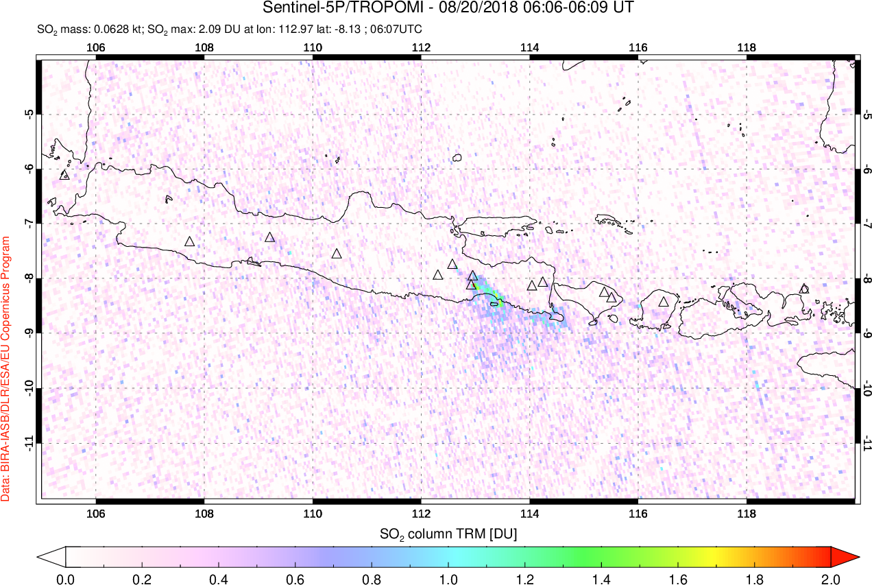 A sulfur dioxide image over Java, Indonesia on Aug 20, 2018.