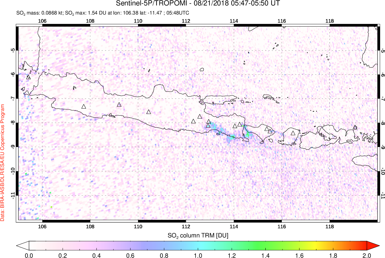 A sulfur dioxide image over Java, Indonesia on Aug 21, 2018.