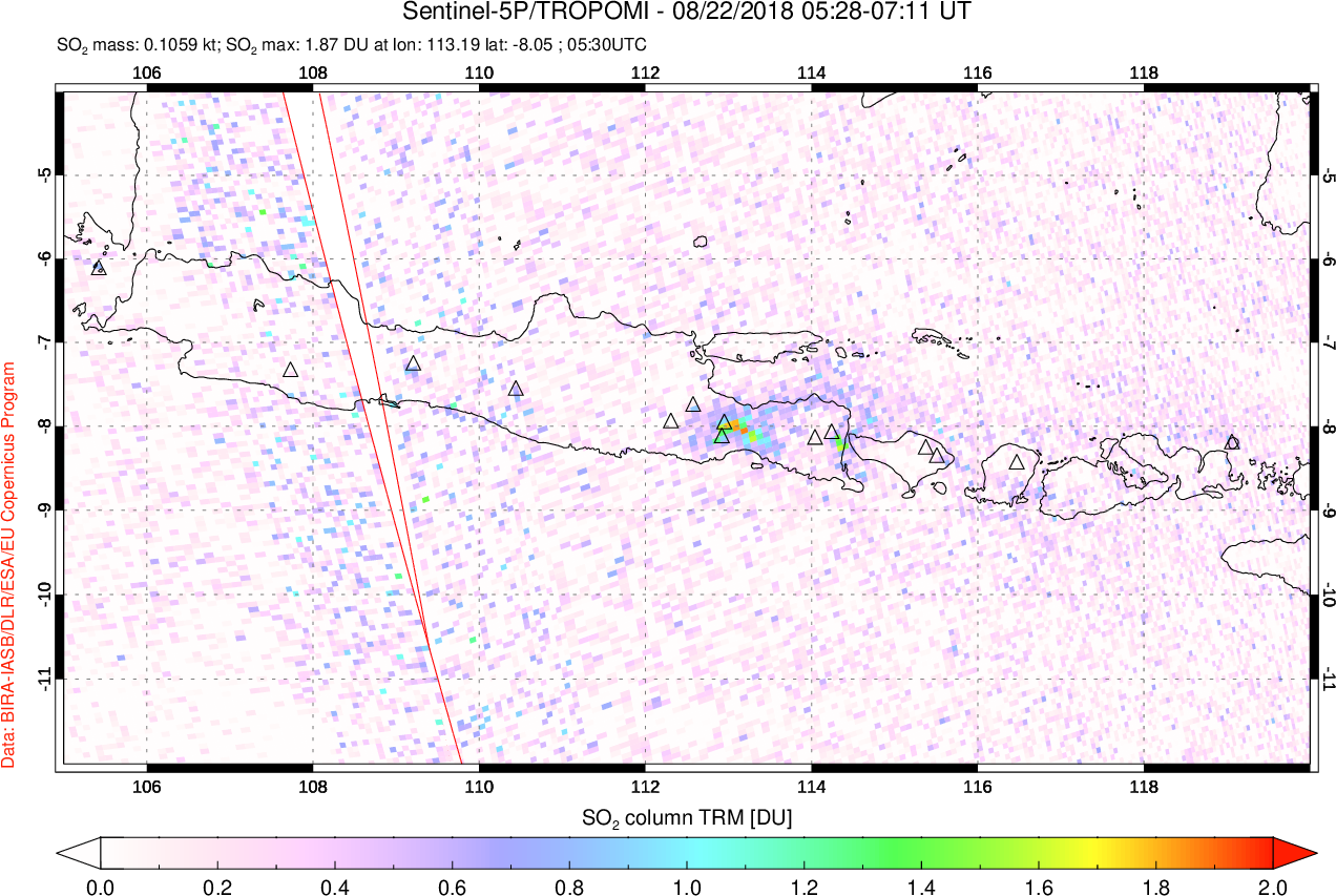 A sulfur dioxide image over Java, Indonesia on Aug 22, 2018.