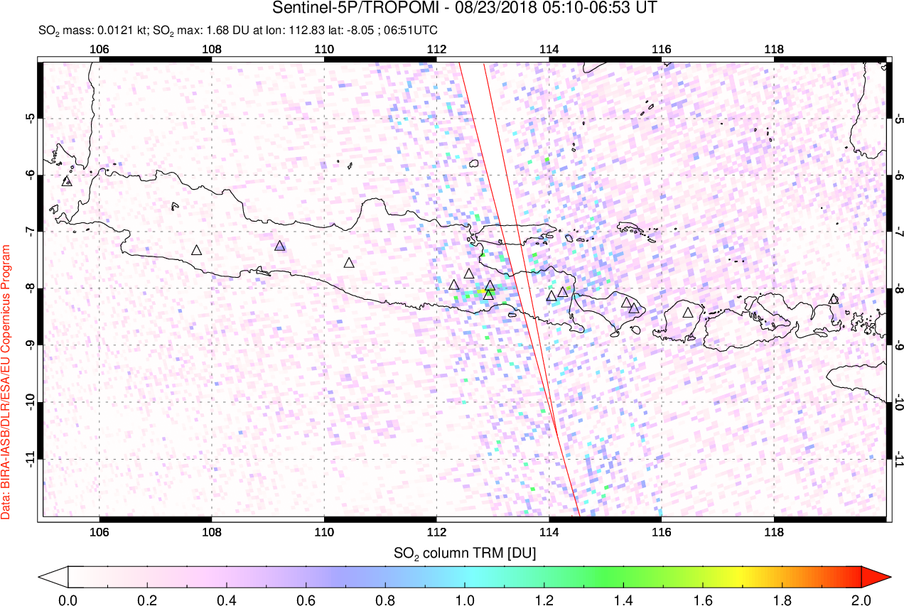 A sulfur dioxide image over Java, Indonesia on Aug 23, 2018.