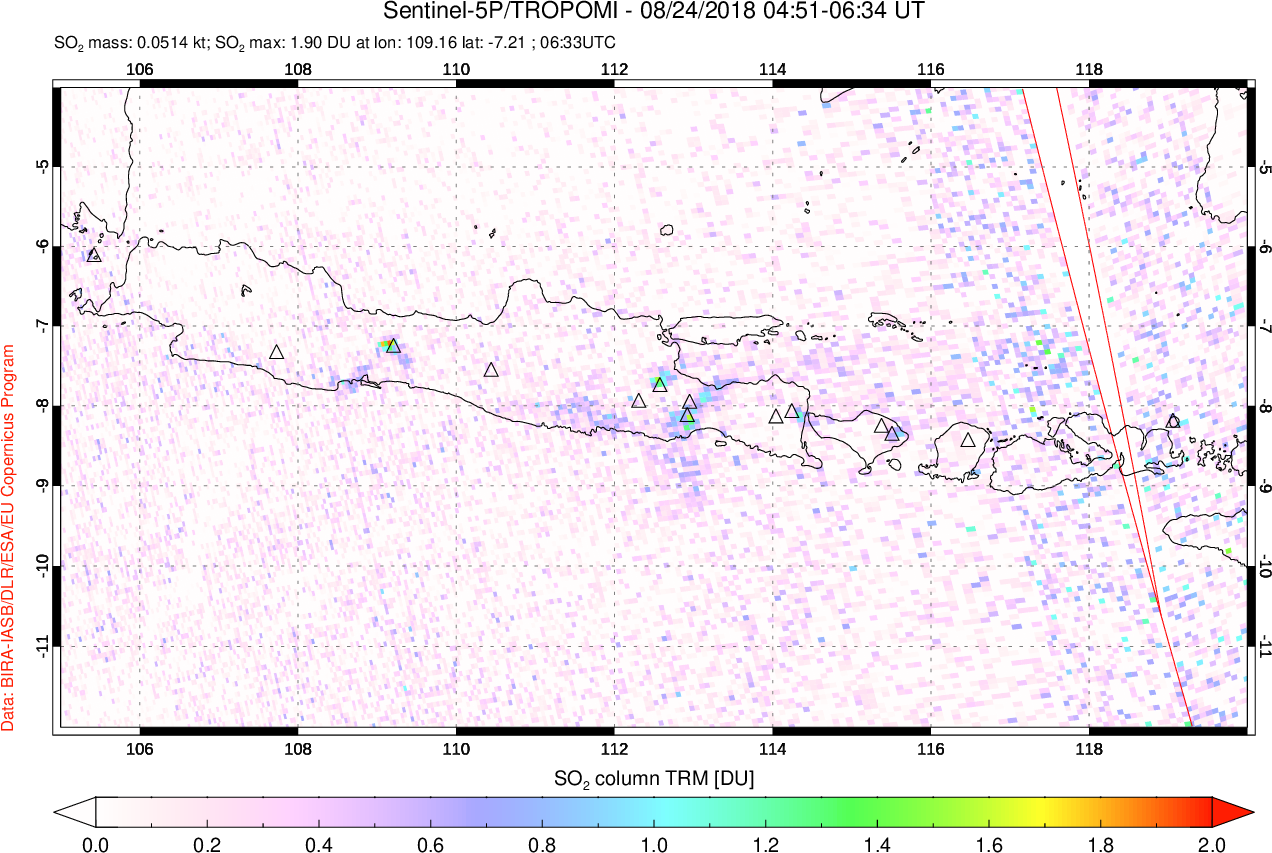 A sulfur dioxide image over Java, Indonesia on Aug 24, 2018.