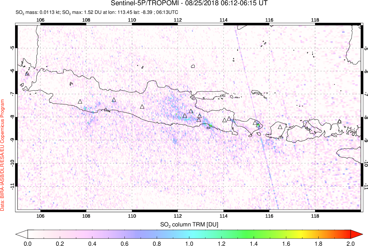 A sulfur dioxide image over Java, Indonesia on Aug 25, 2018.