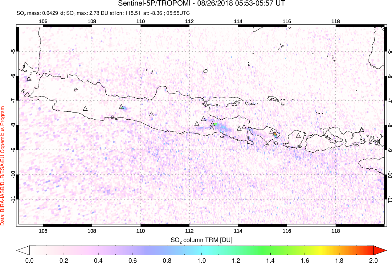 A sulfur dioxide image over Java, Indonesia on Aug 26, 2018.