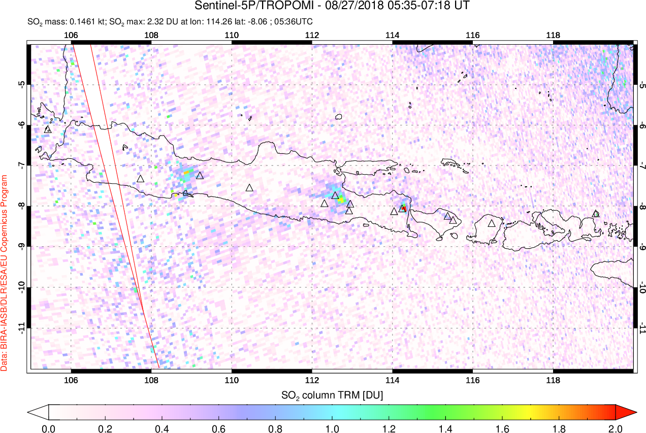 A sulfur dioxide image over Java, Indonesia on Aug 27, 2018.