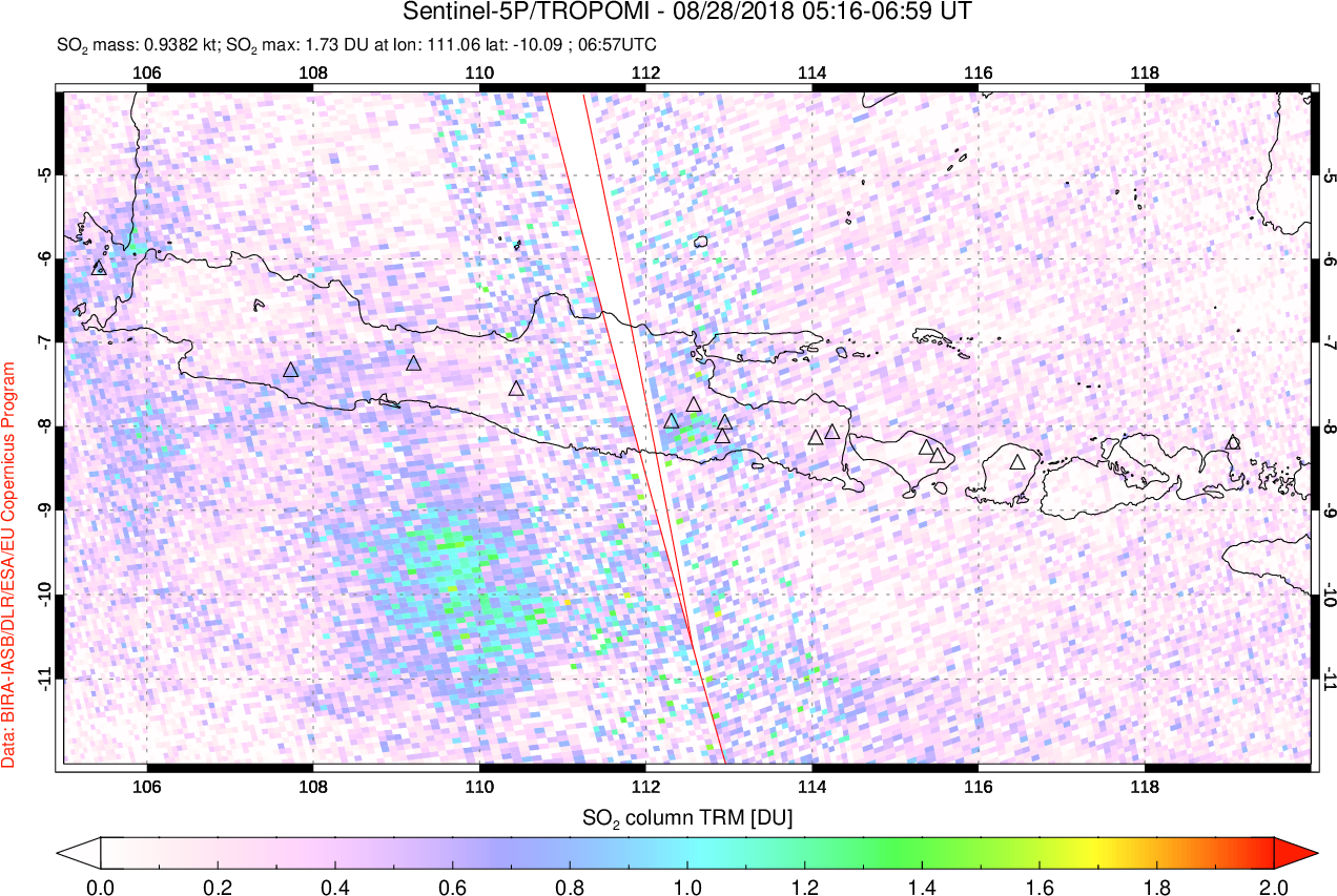A sulfur dioxide image over Java, Indonesia on Aug 28, 2018.