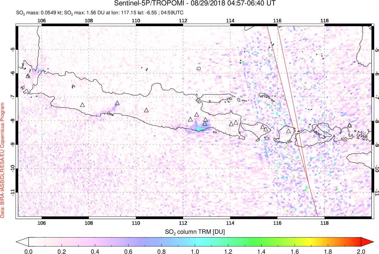 A sulfur dioxide image over Java, Indonesia on Aug 29, 2018.