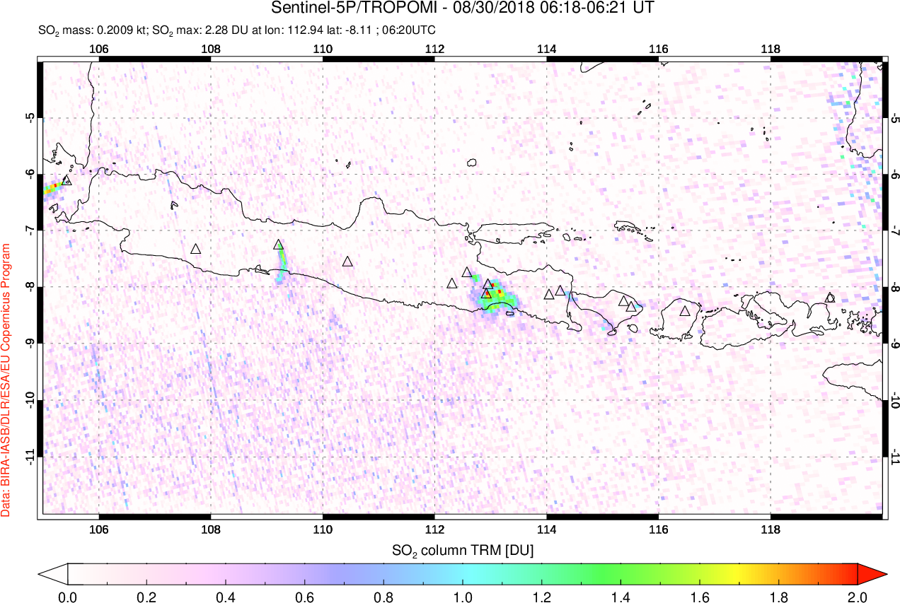 A sulfur dioxide image over Java, Indonesia on Aug 30, 2018.