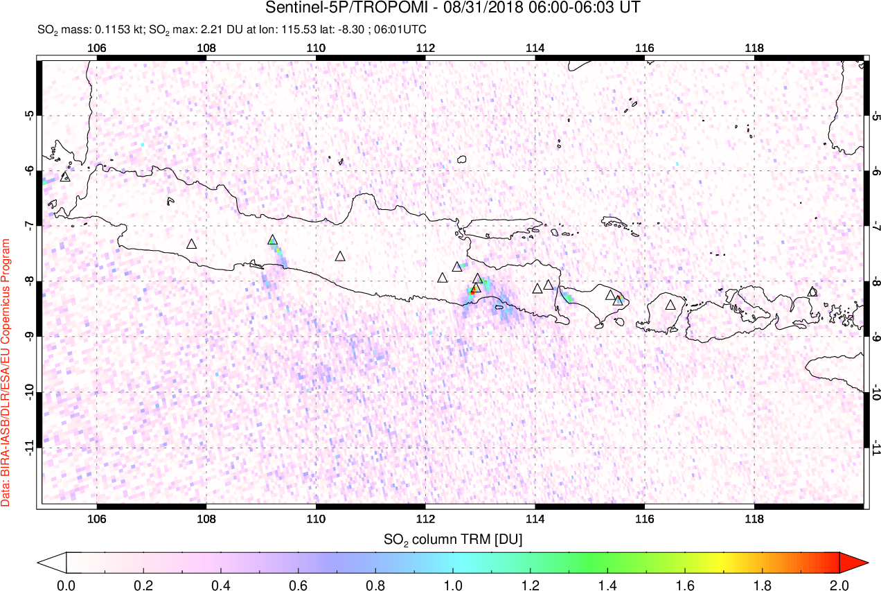 A sulfur dioxide image over Java, Indonesia on Aug 31, 2018.
