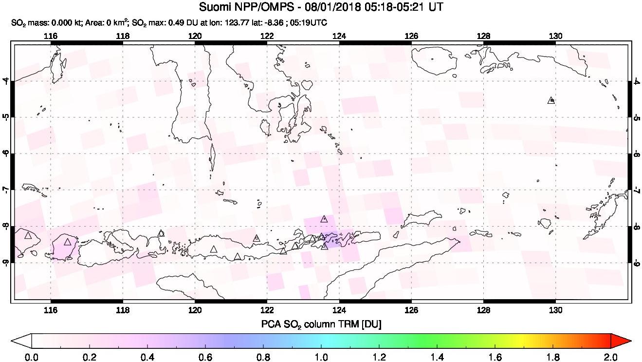 A sulfur dioxide image over Lesser Sunda Islands, Indonesia on Aug 01, 2018.