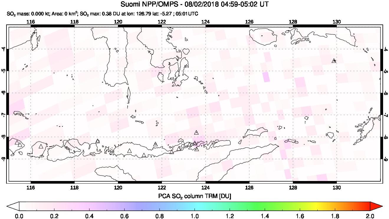 A sulfur dioxide image over Lesser Sunda Islands, Indonesia on Aug 02, 2018.