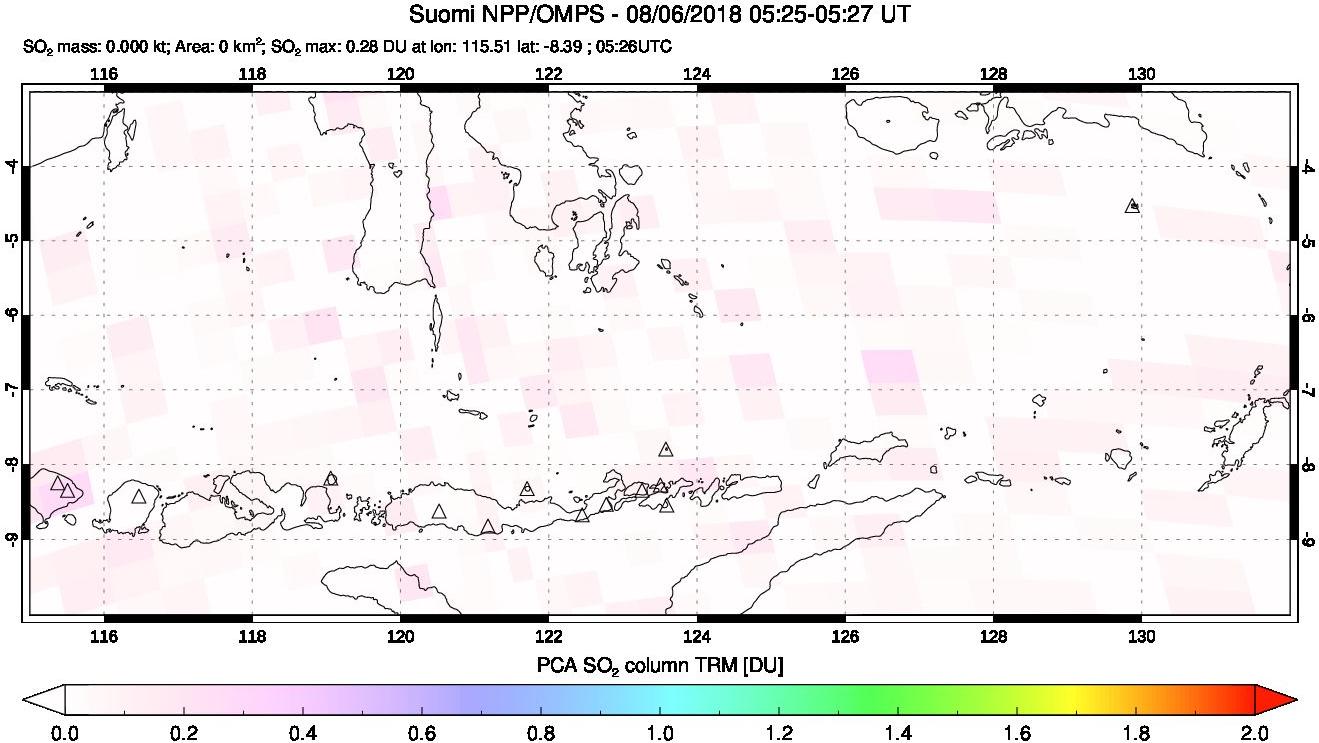 A sulfur dioxide image over Lesser Sunda Islands, Indonesia on Aug 06, 2018.