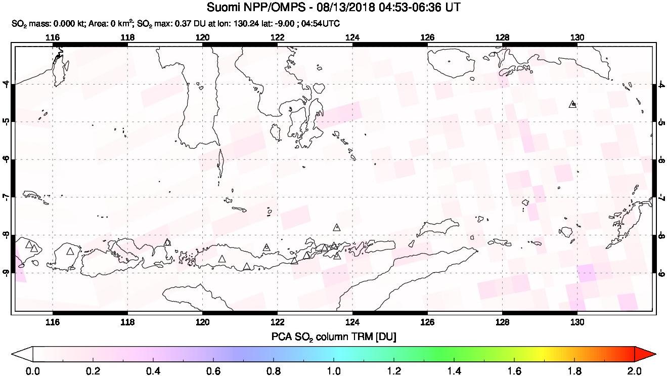 A sulfur dioxide image over Lesser Sunda Islands, Indonesia on Aug 13, 2018.