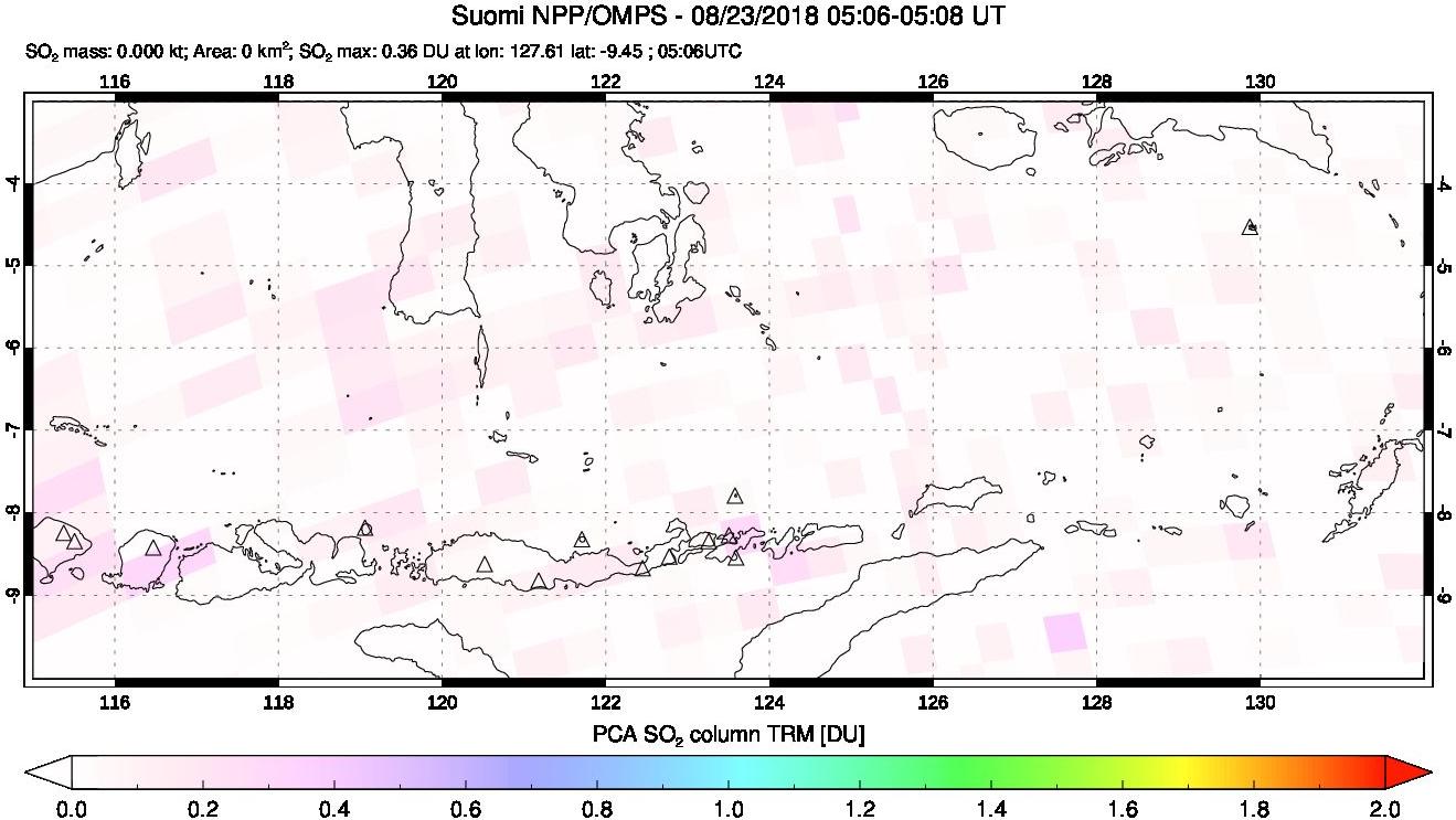 A sulfur dioxide image over Lesser Sunda Islands, Indonesia on Aug 23, 2018.