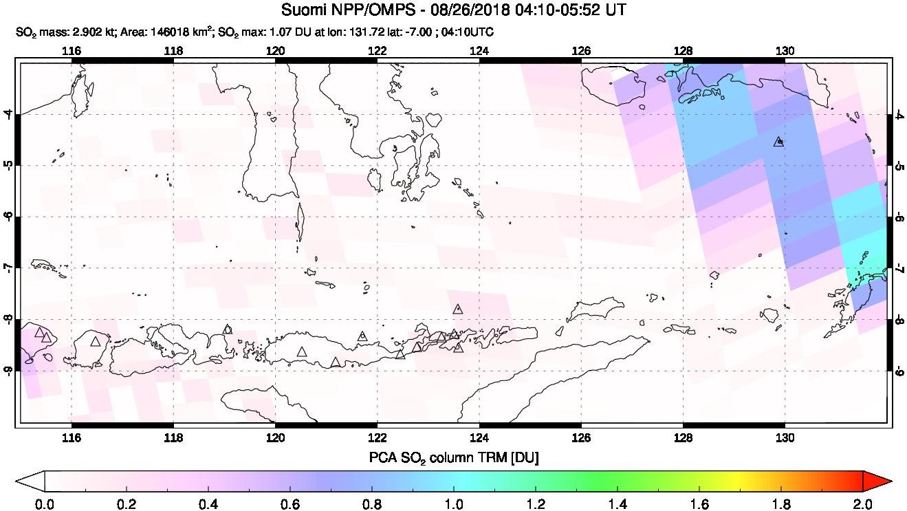A sulfur dioxide image over Lesser Sunda Islands, Indonesia on Aug 26, 2018.