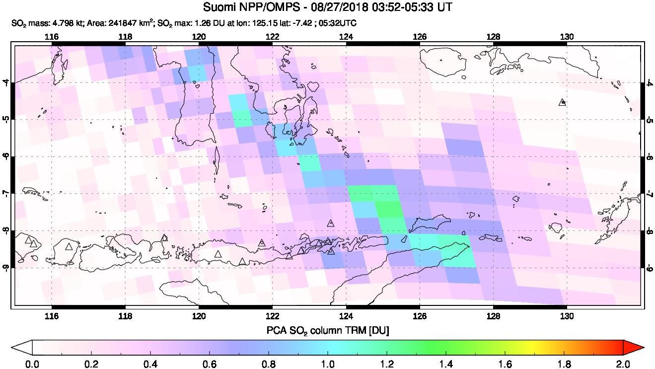 A sulfur dioxide image over Lesser Sunda Islands, Indonesia on Aug 27, 2018.