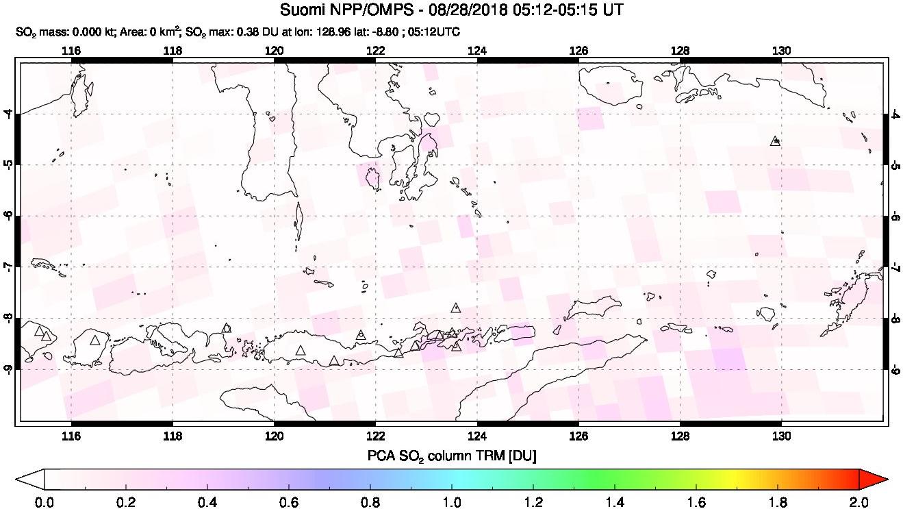 A sulfur dioxide image over Lesser Sunda Islands, Indonesia on Aug 28, 2018.