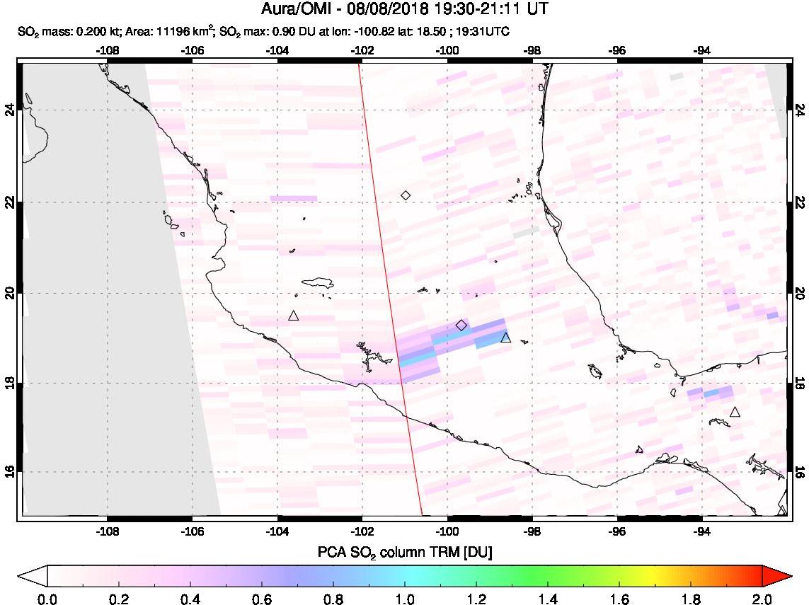 A sulfur dioxide image over Mexico on Aug 08, 2018.
